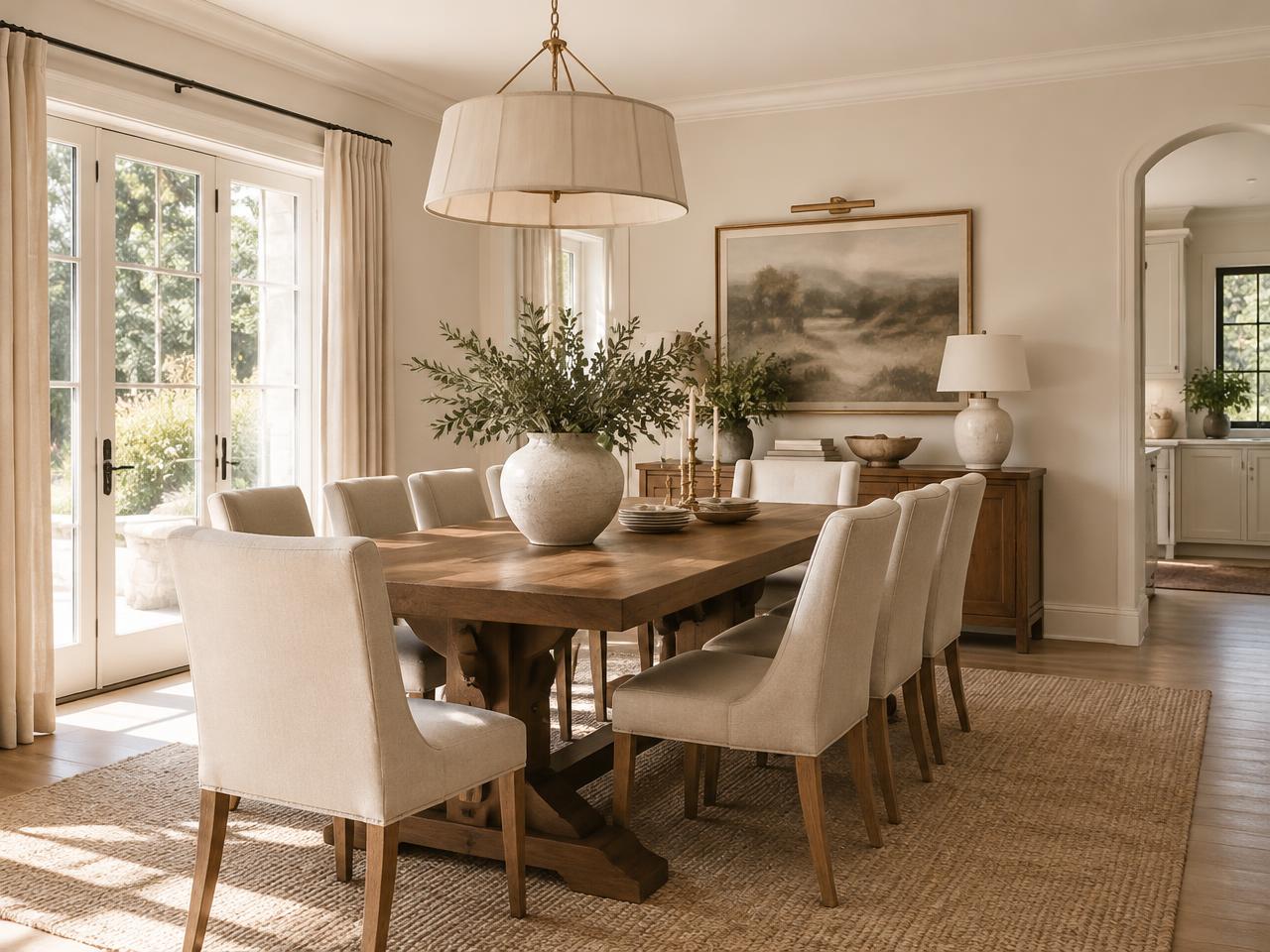 Sala de jantar com mesa de madeira